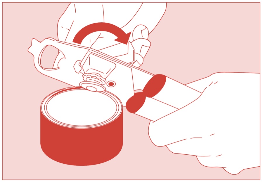 Turning the can opener handle clockwise around the rim of the tin