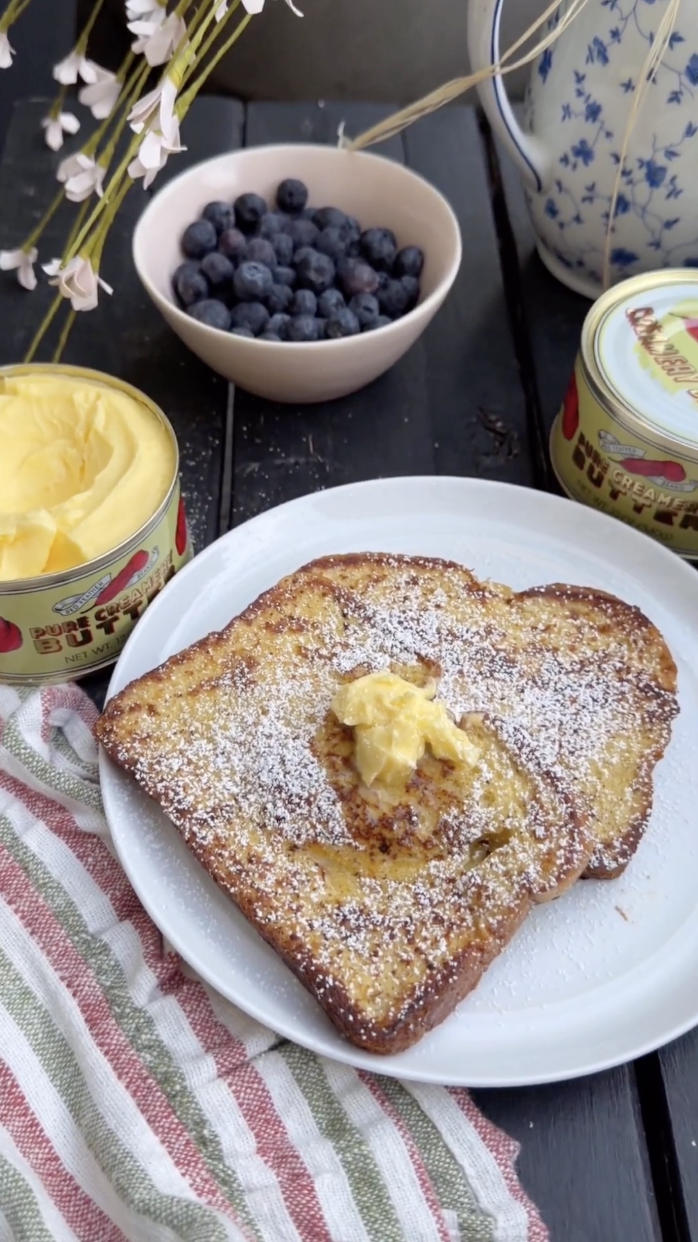 Brioche French toast with butter and blueberries